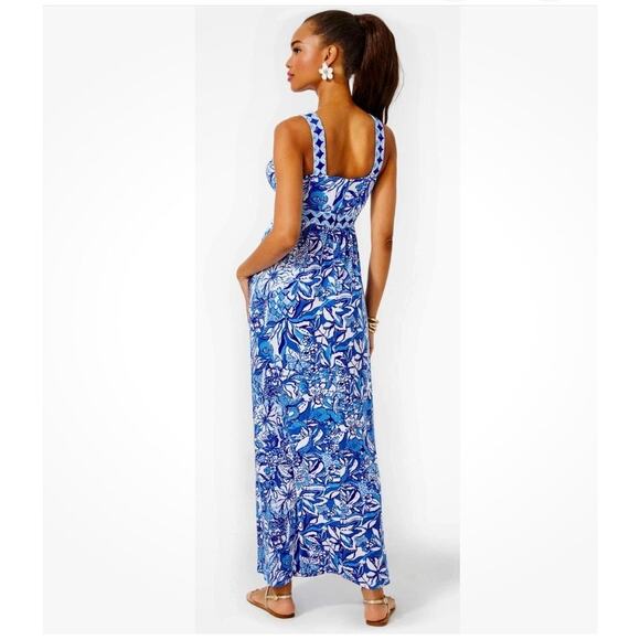 Lilly Pulitzer Serena V-Neck Maxi Dress Blue Tang Flocking Fabulous Size 6 - Picture 14 of 14
